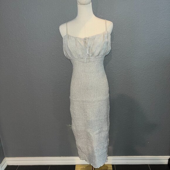 J. Crew 100% Linen Smocked Spaghetti Strap Bodycon Midi Dress in Oatmeal -EUC- 6 - Picture 1 of 16